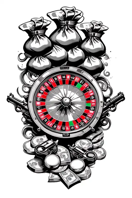 Roulette Wheel With Money Bags Guns And Swirls