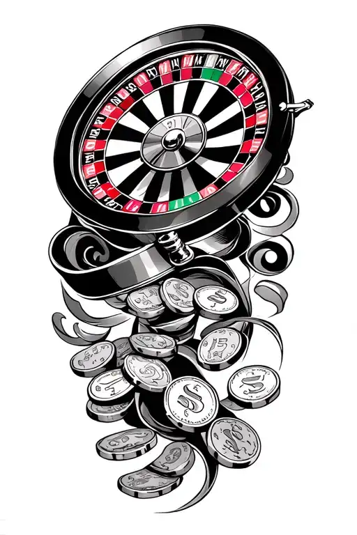 Half A Roulette Wheel With Coins And Dollers And Swirls Going Through The