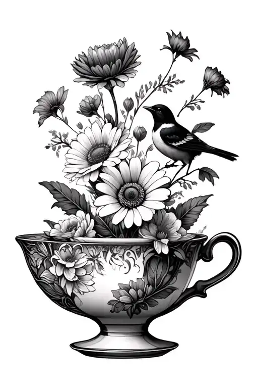 Mixed Flowers Coming Out Of A Tea Cup Filled With A Bird