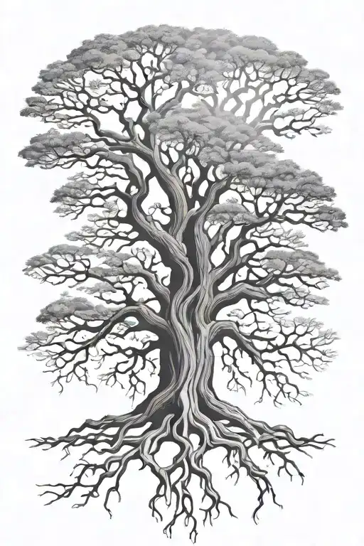 Big Oak Tree With Roots As Roman Numerals As Roots