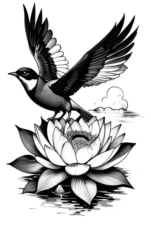 Bird Martin Fisher Which Flies Above A Lotus Flower In Traditional Black And White Neo