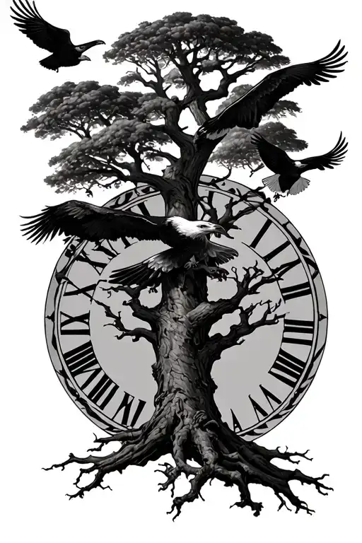 Poison Tree With Eagles Flying And Roman Numeral Numbers