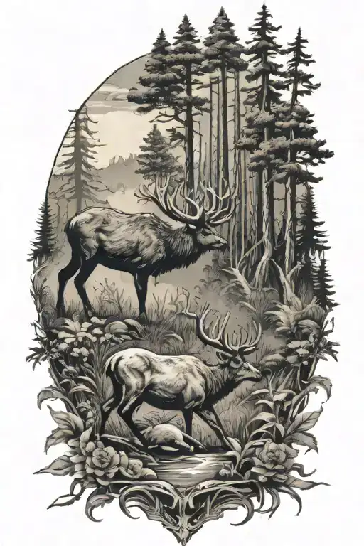 Deer Fights Bear In Forest Scene