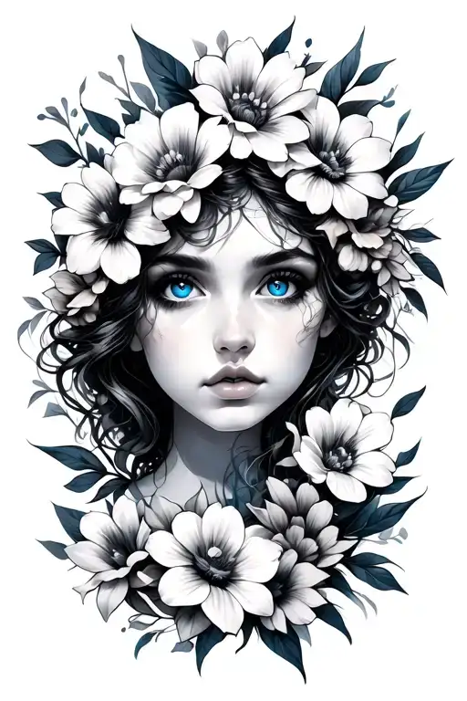 Flowers Surrounding Her Head Blue Eyes