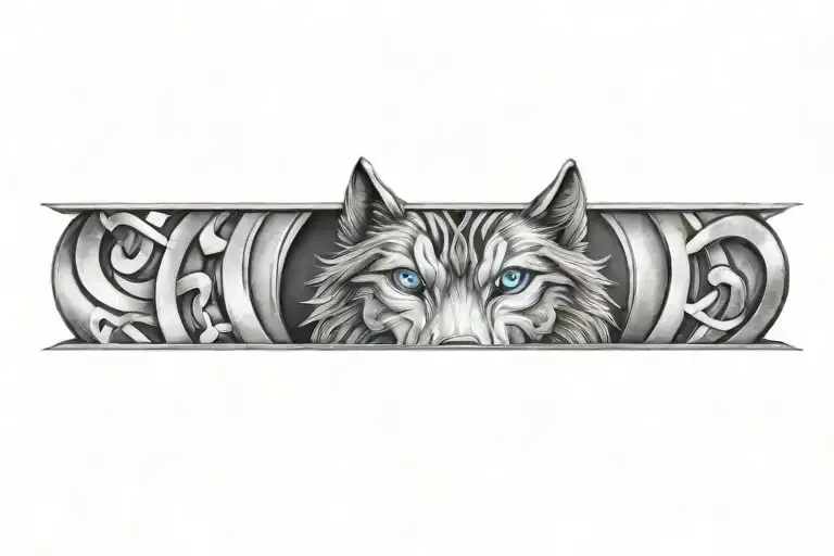 Wolf With Blue Eyes On Armor Tattoo Design Featuring Celtic Trinity Knot