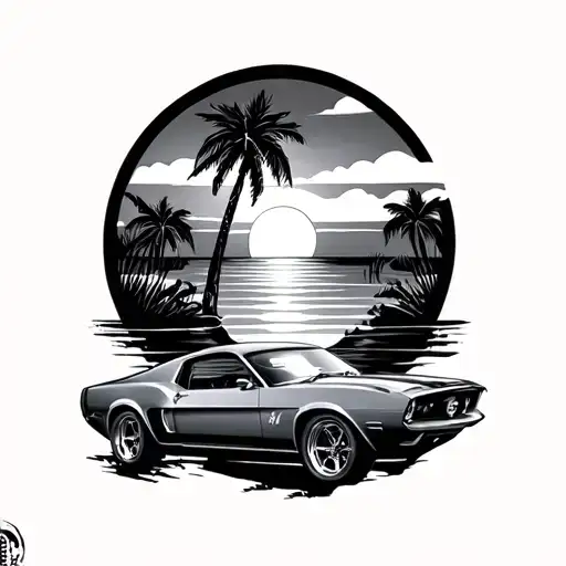 New Edge Mustang With A Sunset And Palm Trees