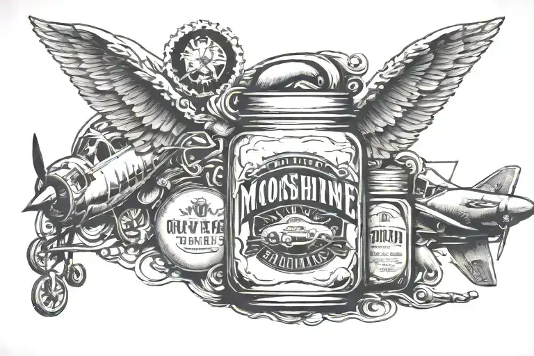 Word Family Surrounded By Jar Of Moonshine Football Airplane Mustang Emblem
