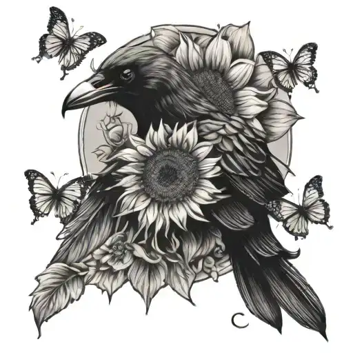 Crow And Butterfly With Sunflower Blooming