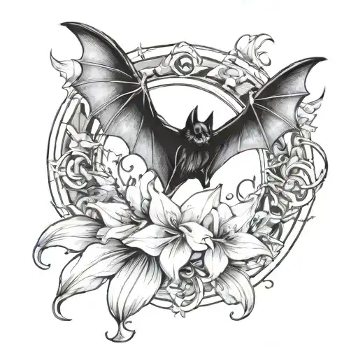 Bat With Celestial Design Elements Encircled With Lilies