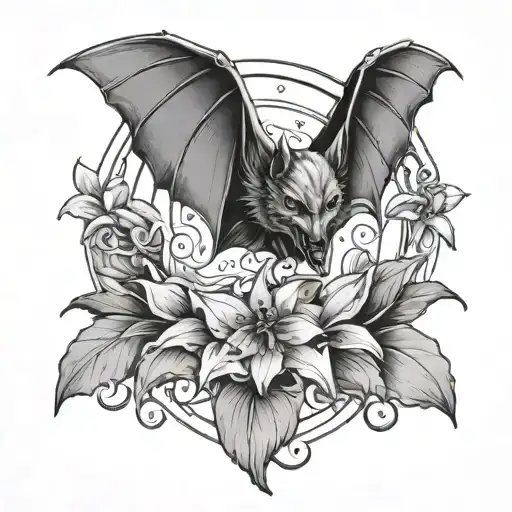 Bat With Celestial Design Elements Encircled With Lilies