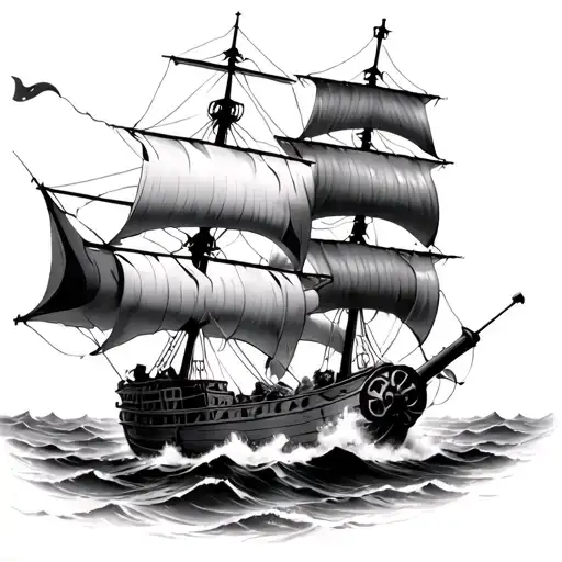 Pirate Ship Sailing Through Stormy Broken Beaten Up Fighting A Battle With Cannons On The Side