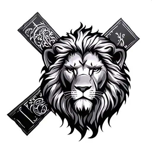 Cross Tattoo Featuring Calm Lion Surrounded