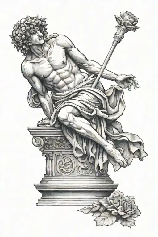 Statue Behind A Greek Monument Including A Fountain And A Rose