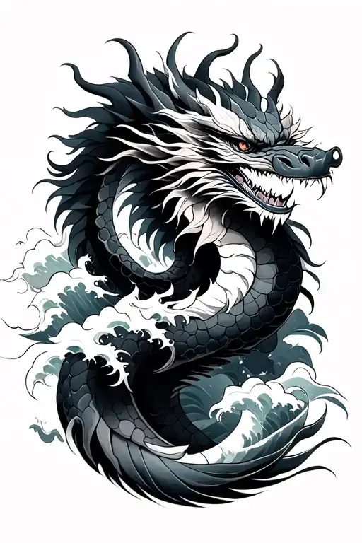 Seiryu Dragon With Japanese Waves