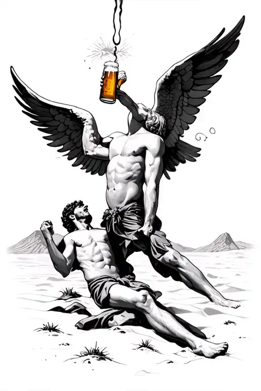 A Thirsty Man In The Dessert And A Angel Floating Down Giving Him A Beer