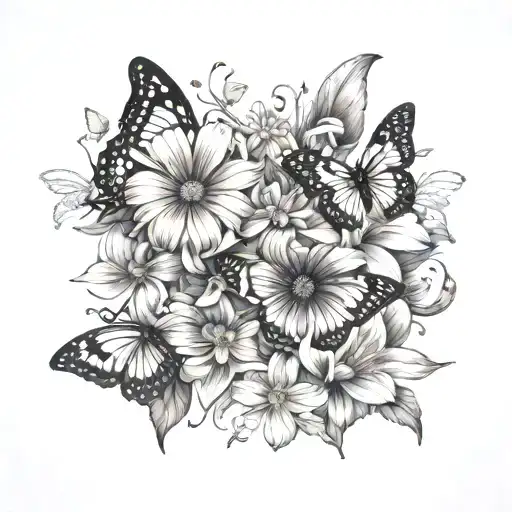 Daisy Flower And Sweet Pea With Butterflies Fluttering