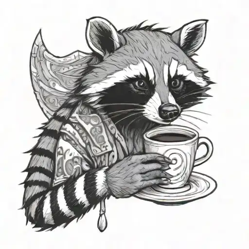 Celestial Raccoon Drinking Coffee