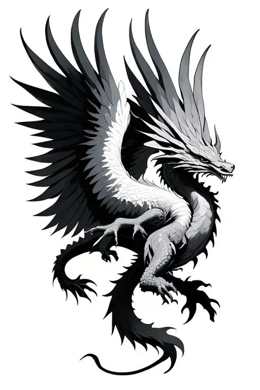 Dragon With Phoenix Flying Together