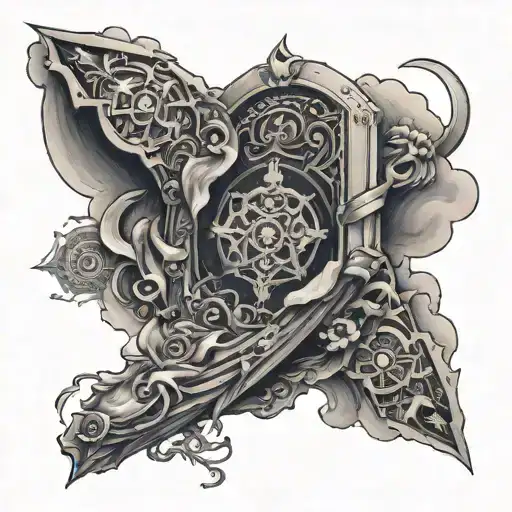 Long Tattoo On The Whole Arm - There Are Cards And Drugs And At The Top There Is The Gate To Heaven