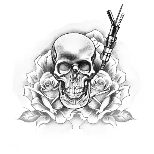 A Tattoo Gun Held By A Skeletal Hand Surrounded By Blooming Roses