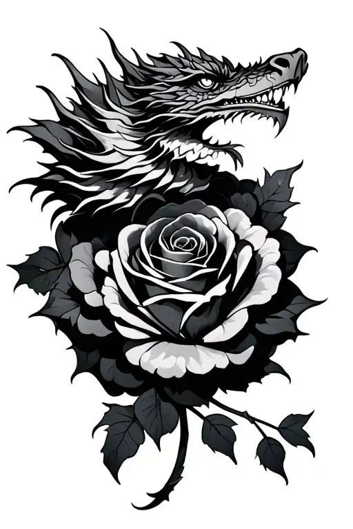 Dragon Wrapped Round Rose Intertwined