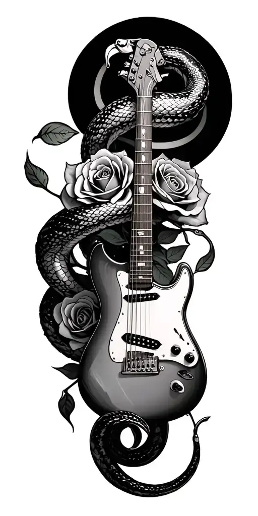 Arm Sleeve With Guitar And Snake Wrapped Around It With Roses Spaced Out