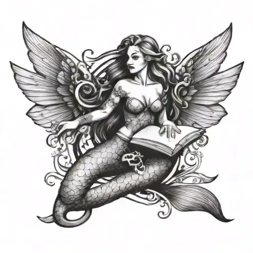 Mermaid With Wings Spread Holding A Book