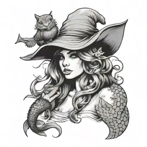 Mermaid With Witches Hat Covering Face Anime Style Holding A Lizard With Wings