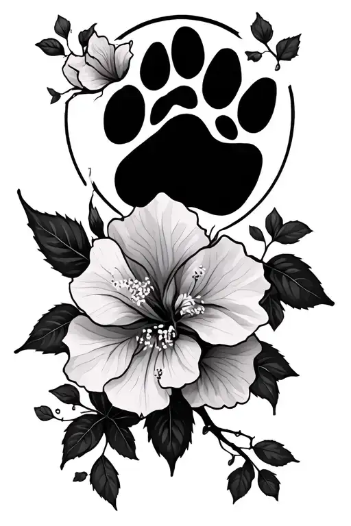 Bougainvillea Vine And Flowers In Circular Pattern Surrounding An Existing Tattoo Of Paw Prints