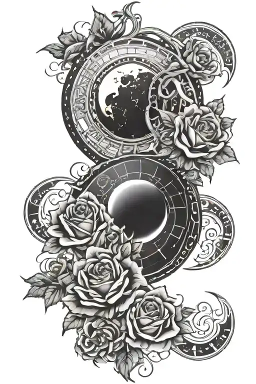 Trible Tatoo Sleeve With Roses And The Moon Phase