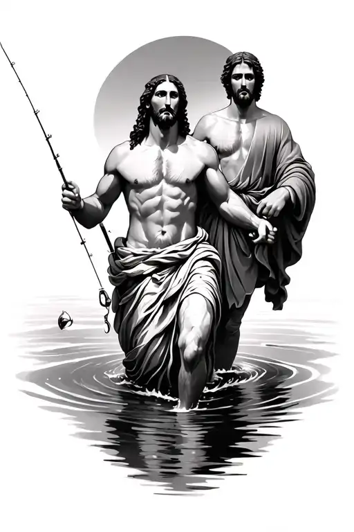 Jesus Walking In Water With The Apostle Peter Fishing