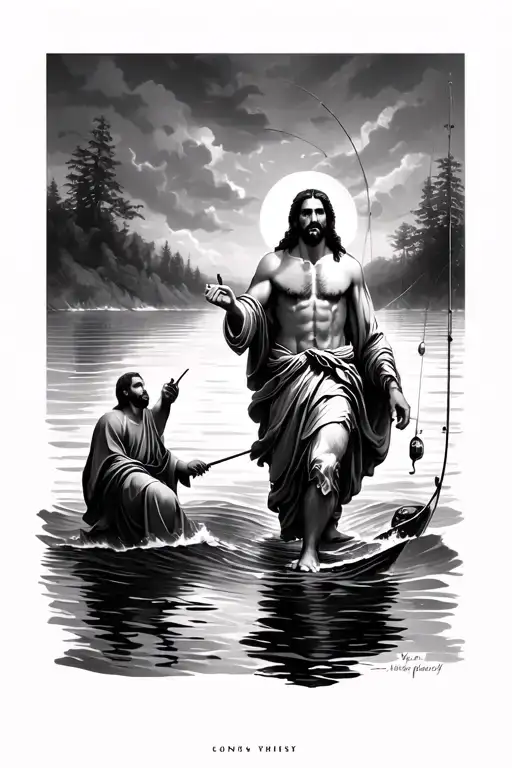 Jesus Walking On Water With The Apostle Peter Fishing In The Background