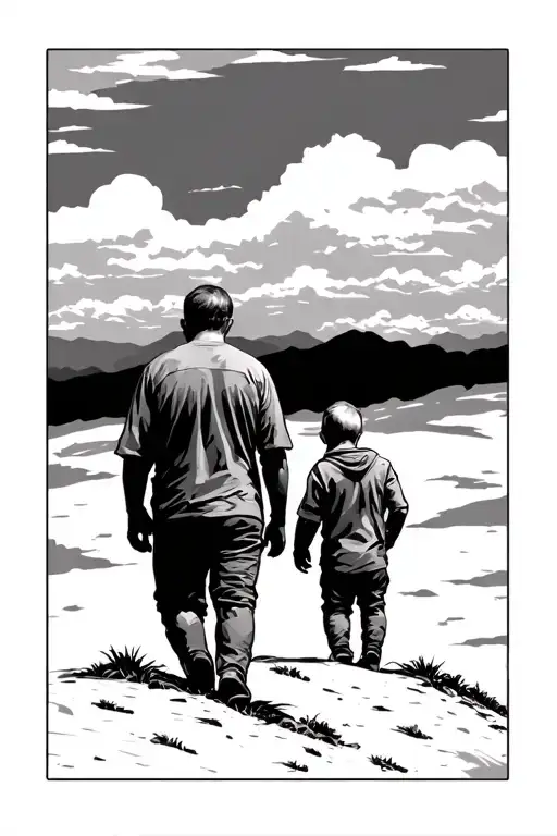 Father And Son Walking Up A Hill Overlooking