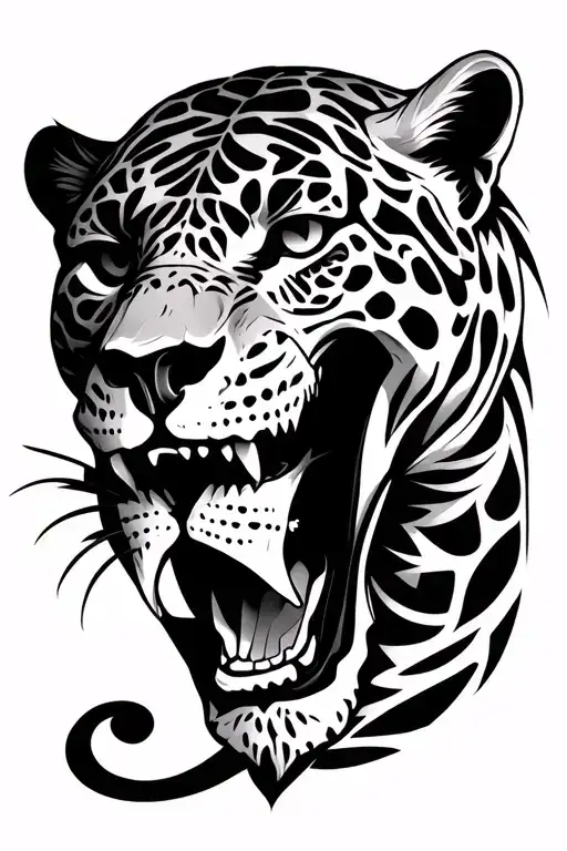 Jaguar With A Skull In Its Mouth Adorned With Geo Symteric Shapes Tatto