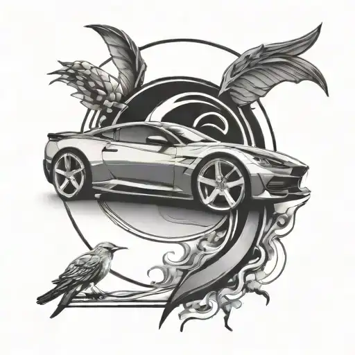 Create A Tattoo Of A Sleek Sports Car With Gang Symbols Subtly Integrated Into The Design