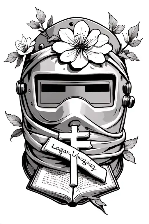 Welding Mask With Cherry Blossoms Wrapped And A Cross With A Bible And Saying Logan Through It