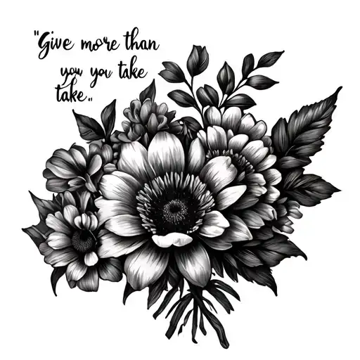 Draw Me A Fine Like Tattoo Of A Bouquet Of Flowers And A Quote That Say Give More Than You Take