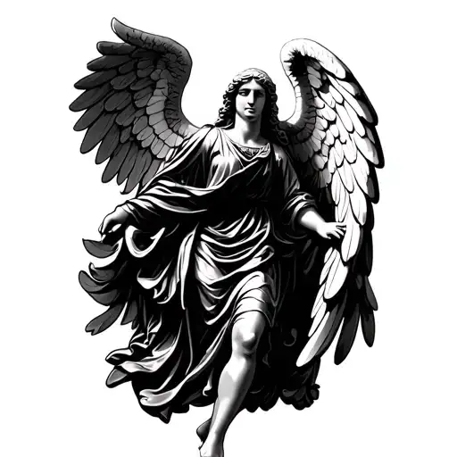 A Highly Detailed Black-and-white Line Art Illustration Of The Famous Haserot Angel Statue