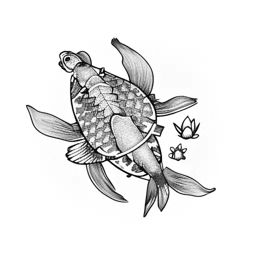 Koi Fish With A Turtle And Flowers