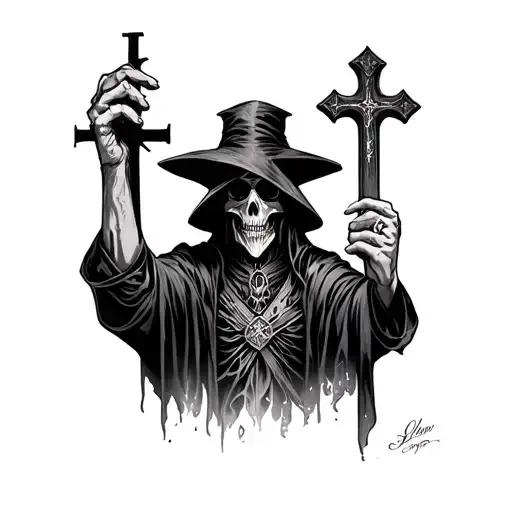Cathedral Sleeve With Black Cross On The Inner Forearm And Plague Doctor On The Outer Bicep