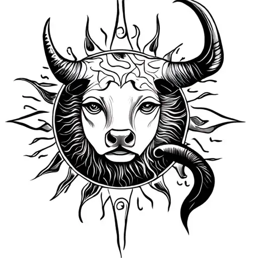 Drawing Of A Fine And Minimalist Black Tattoo With A Sun And The Sign Of The Suggested Bull Zodiac