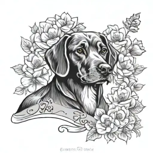 Fine Line Dog Print Tattoo With Dog Name Joey In Cursive Surrounded By Flowers