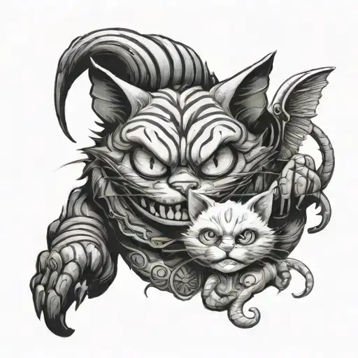 The Cheshire Cat With Angel And A Demon Holding