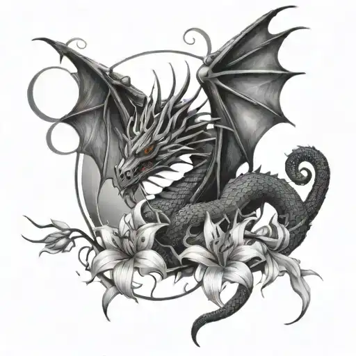 Dragon With Spider Lily And Crescent Moon