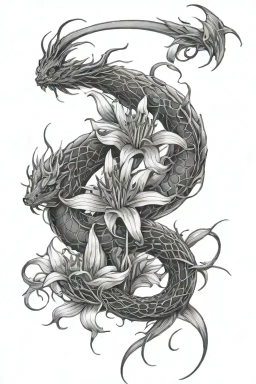 Spider Lily's And Dragons Going Towards Crescent Moon