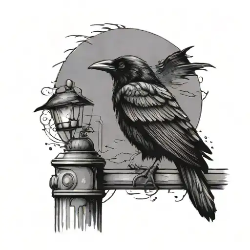 Raven Sitting On A Lamppost At Night In The Background Side View
