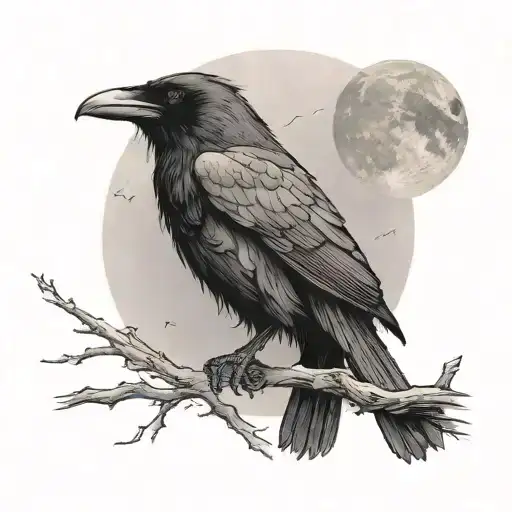 A Raven Sitting On A Branch Against The Background Of The Moon And Fog