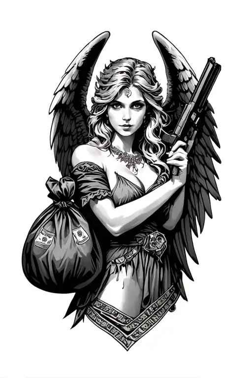 Angel Lady Holding Draco Gun With Money Bag