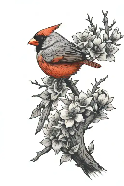 Red Cardinal Perched On A Tree Branch With Flower Surrounded