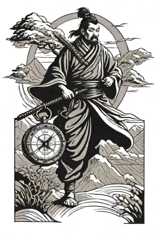 Samurai Holds Compass In Hand Mountains Wind Travel